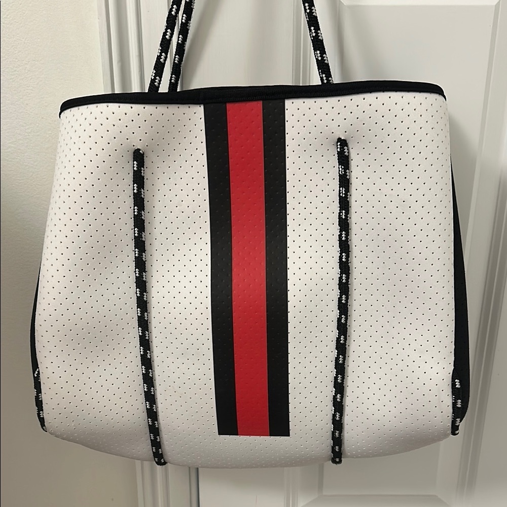 White Neoprene Tote Bag with Red & Black Stripe